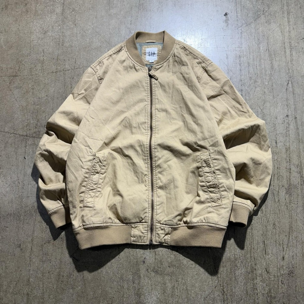 Gap Jacket Mens Medium Beige Canvas Bomber Full Zip Lined Pockets Casual